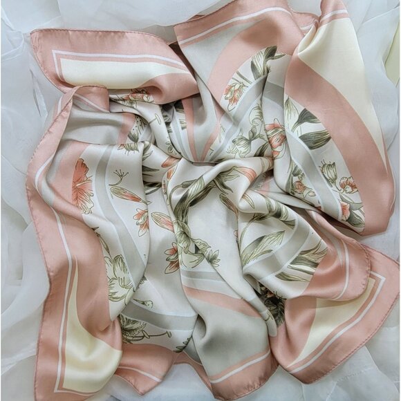 ✨Elegant Bandana Square Scarf Silky Satin Soft Flowers Pink Beige hijab Luxury - Picture 4 of 5